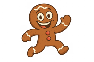Gingerbread man cartoon character running happily, celebrating christmas holiday season, transparent background