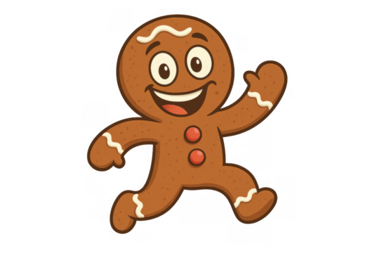 Gingerbread man cartoon character running happily, celebrating christmas holiday season, transparent background - Powered by Adobe