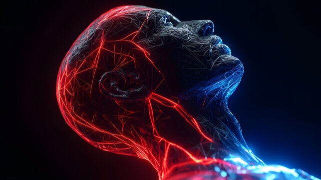 Digital human head illuminated by contrasting red and blue glowing lines against a dark background