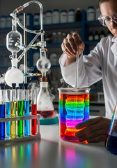 A chemist mixing chemicals in a laboratory, colorful reactions.