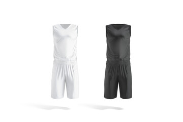 Blank black and white basketball uniform mockup, transparent background, png, 3d rendering. Empty sporty jersey clothing for dribbling mock up, cut out. Clear breathable play-suit for team template.