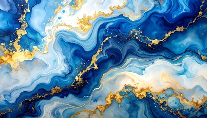 Plexiglas schilderij Kristal Abstract art with swirling blues and gold accents creating a fluid, luxurious, marbled effect  © geri