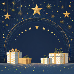  Deep navy Christmas background with golden stars and gifts framing a radiant center glow

