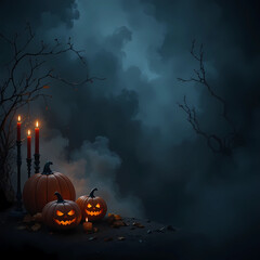 Dark smoky background with glowing orange pumpkins and candles on one side; empty space for spooky message or text