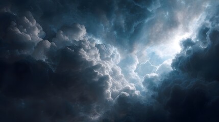 Dramatic storm clouds with bright sunlight breaking through the turbulent sky conveying powerful natural forces