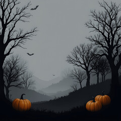 Silhouetted trees, bats, and pumpkins on one side; misty gray background fading into an open middle.