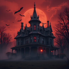 Blood Moon Mansion — Haunted Gothic Scene with Pumpkin Glow