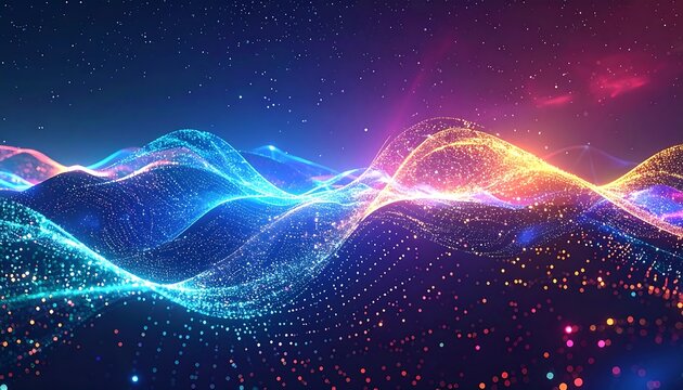 Abstract digital landscape with glowing blue and orange waves under a star-filled dark sky