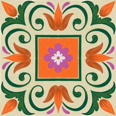 Floral and geometric design with a symmetrical layout. Central purple flower with a white center is surrounded by an orange square. The background features green swirling vines,