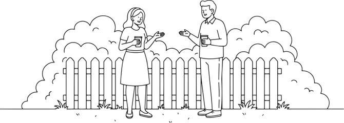 Friendly Neighbors Conversation Over Garden Picket Fence Line Art