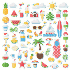 Summer Vacation Stickers Vector Set – Minimalist Geometric Beach Icons with Boat, Surfboard, Pineapple, Cocktail, Seashell, and Camera