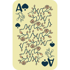 Victorian Era Ace of Spades Playing Card With Intricate Floral Design And Elegant Script Font On A Cream Colored Background
