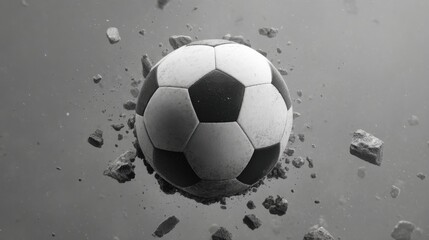 Fototapeta premium Soccer Ball Smashing Through Concrete with Dynamic Force, Capturing the Impact and Motion in a Striking Black and White Scene