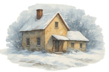 Rural winter house watercolor painting with snow-covered roof and surroundings on a transparent background