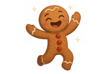 Gingerbread man cartoon character dancing with joy, celebrating festive seasons and holidays, transparent background