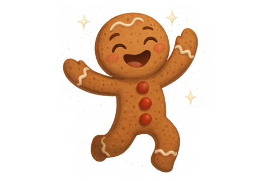 Gingerbread man cartoon character dancing with joy, celebrating festive seasons and holidays, transparent background