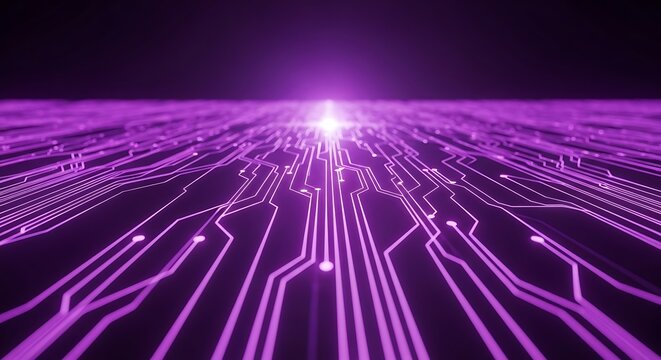 Futuristic Digital Circuit Board with Glowing Purple Lines and Bright Light Source