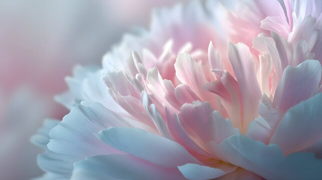 Delicate pastel pink and blue flower petals show soft illumination in a close up view