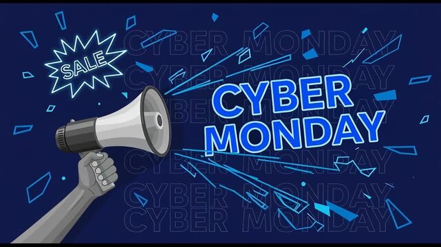 Cyber Monday sale announcement with megaphone and vibrant graphics, get ready for the shopping deals and promotions this holiday season