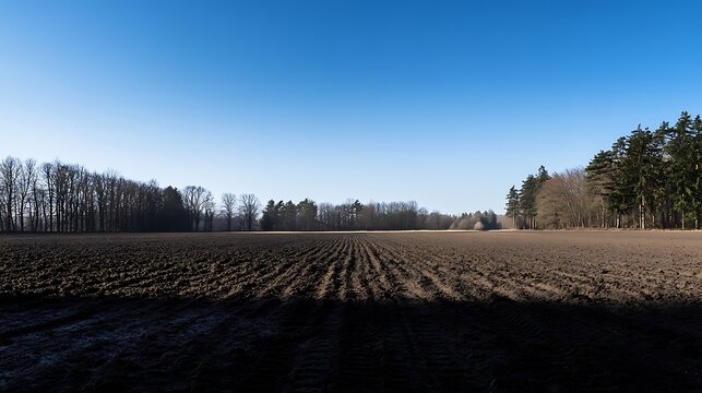 Winter field and forest landscape under clear blue sky high resolution photo