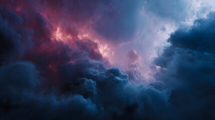 Obraz premium A dramatic vibrant sky filled with swirling pink and deep blue clouds illuminated by intense moody light evoking a cosmic atmosphere