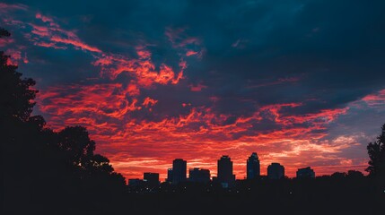Dramatic crimson and deep blue clouds illuminate a cityscape silhouette at twilight