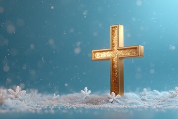 Golden cross standing on soft snow, surrounded by delicate snowflakes, against a serene blue background, symbolizing faith and tranquility during winter season