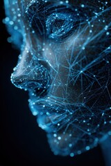 Abstract digital illustration of a human face composed of glowing blue lines and nodes, representing artificial intelligence and technology in a futuristic context