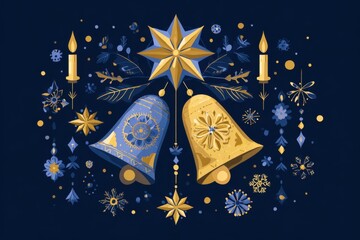 Colorful illustration featuring two decorative bells, a star, candles, and various festive elements, creating a vibrant holiday atmosphere with intricate details and rich colors