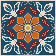 Geometric design featuring floral motifs in a symmetrical pattern. Central orange flower with a yellow core is surrounded by stylized leaves in white, red, and blue against a deep blue background.
