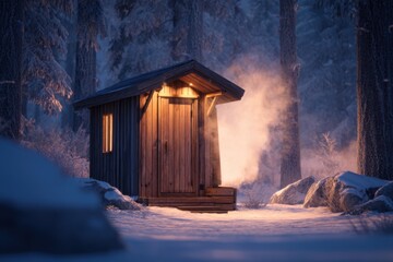 Cozy wooden cabin illuminated at night, surrounded by snow-covered trees, creating a serene winter atmosphere with warm light glowing from the windows, inviting tranquility and relaxation