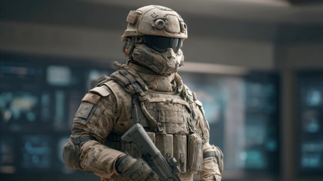 Futuristic Soldier in Armor Analyzing Digital Maps in High-Tech Environment with Advanced Gear and Equipment - Powered by Adobe