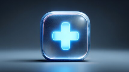 Obraz premium Glowing neon cross symbol encapsulated within a transparent futuristic square interface element