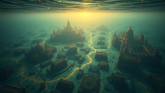 atlantean. Submerged Atlantean cityscapes with ancient glowing migration paths beneath rippling water. travel magazines, destination branding, designed for outdoor magazines and nature guides.
