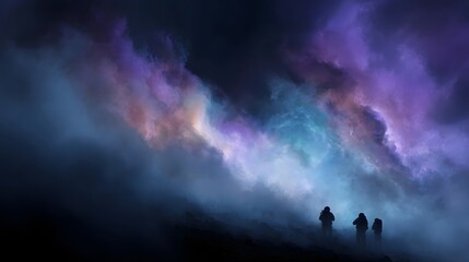 Fototapeta premium Silhouetted figures gaze at a vibrant colorful cosmic cloud formation in the dark misty night sky