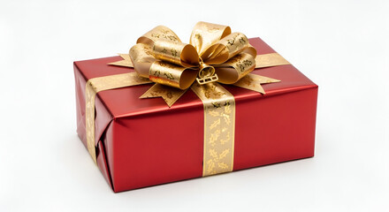 Obraz premium Red Christmas Gift Box with Shiny Golden Bow Isolated on White
