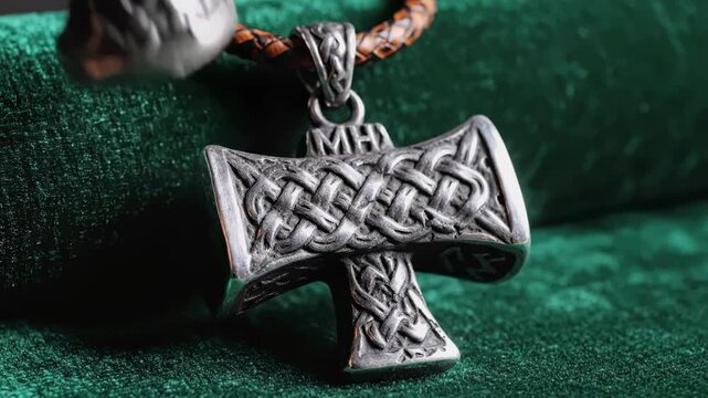 A detailed image showcasing a silver pendant with intricate Celtic knotwork, placed on emerald green fabric