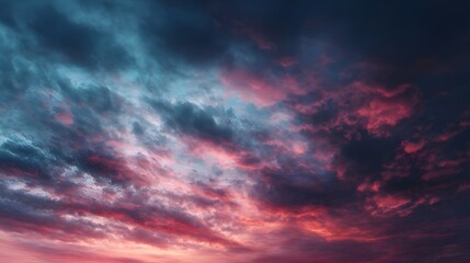 Fototapeta premium Dramatic vibrant clouds painted in deep crimson pink and electric blue hues against a darkening sky at twilight