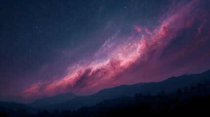 Fototapeta premium A vibrant pink and purple nebula glows majestically in the dark night sky above silhouetted mountain ranges and distant stars