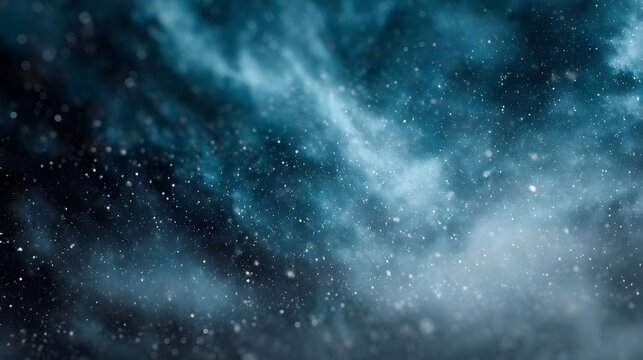 Ethereal cosmic nebula with swirling clouds illuminated by falling snow like particles and distant starlight