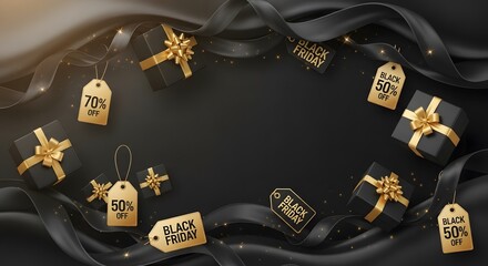 Black friday sale background with gift box, tag and ribbon, promotion and discount concept