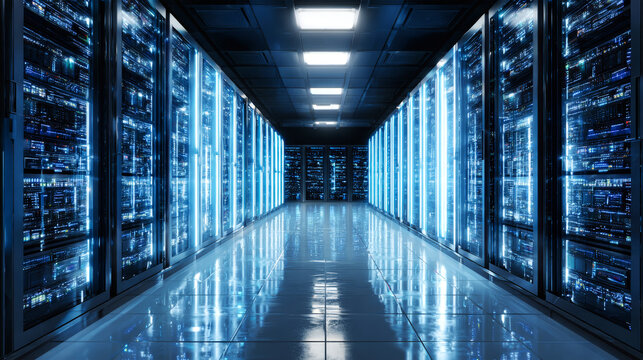 Data center hallway with rows of servers illuminated by cool blue lights at night