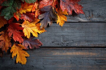 Obraz premium Vibrant autumn leaves scattered on a rustic wooden surface creating a warm and inviting atmosphere for the fall season