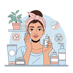 Young woman applying moisturizing cream during her daily skincare routine.