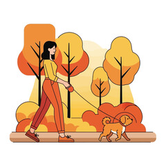 Young woman in casual clothes walking her small dog.