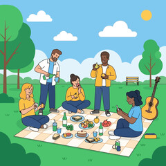 Diverse group of friends enjoying a picnic in a park on a sunny day.