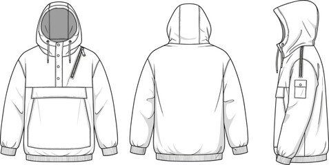 Hooded sweatshirt technical drawing, vector fashion flat sketch, anorak hoodie front back side view, apparel design template illustration, CAD drawing flat vector illustration © Hey There