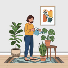 Woman waters plants indoors, tending to her indoor garden with care.