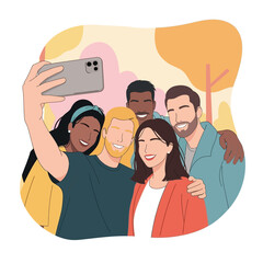 Diverse group of happy friends taking a selfie together outdoors.