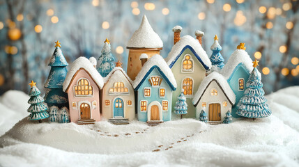 Winter Christmas Village with cute toy houses in snow and cozy atmosphere, perfect festive holiday background for New Year and Christmas greeting cards and illustrations